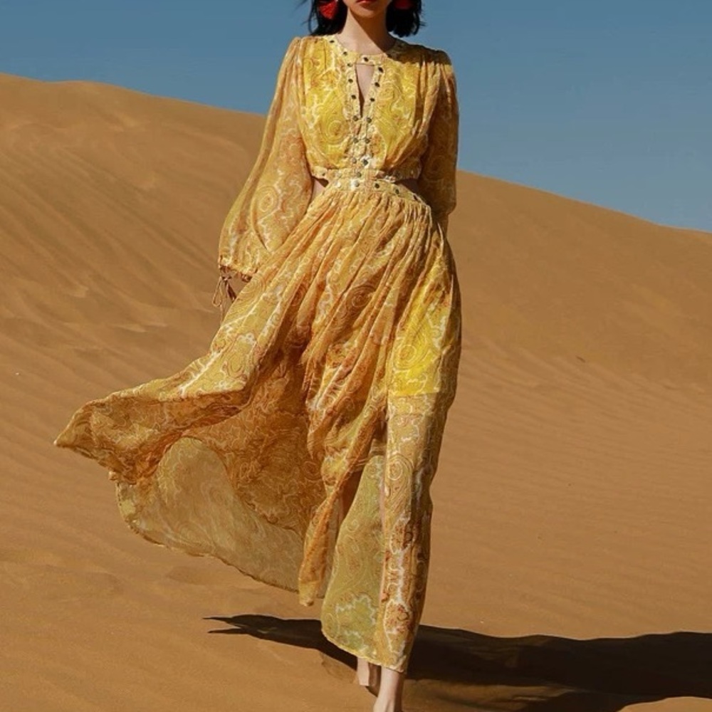 Elegant Yellow Lace Maxi Dress
